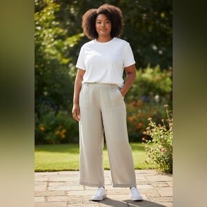 Talbots Linen Oatmeal Beige High Waisted Utility Pocket Wide Leg Trouser Pant